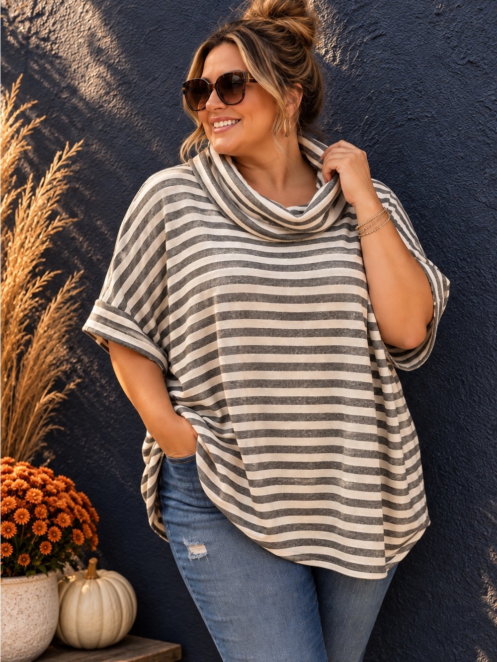 T.La Anthropologie 2X Gray Ivory Striped Cowl Neck Dolman Top